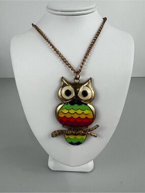 Gold Tone Multicolor Tiered Enamel Owl Charm Long Necklace 27-30 Inches
